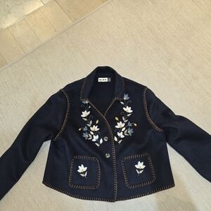 RIXO Navy Floral Embroidered Blazer